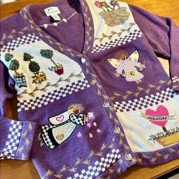 Vintage Quacker Factory Garden Angel Miracles Purple Cardigan Sweater - Picture 3 of 10